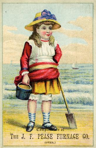 Illustration of young girl in a dress and a straw hat with a purple bow on it, on the beach wit ...