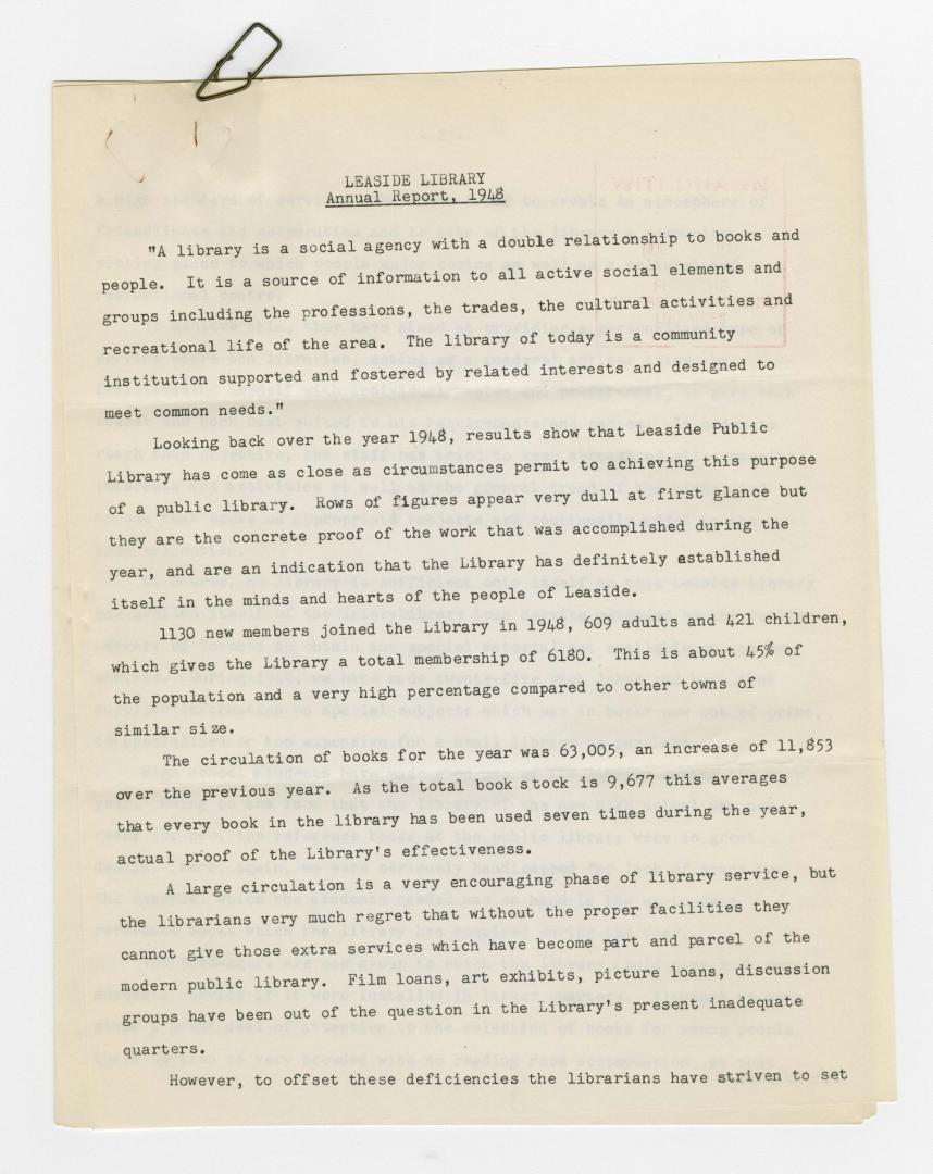 Image shows the first page of a Leaside Public Library report.