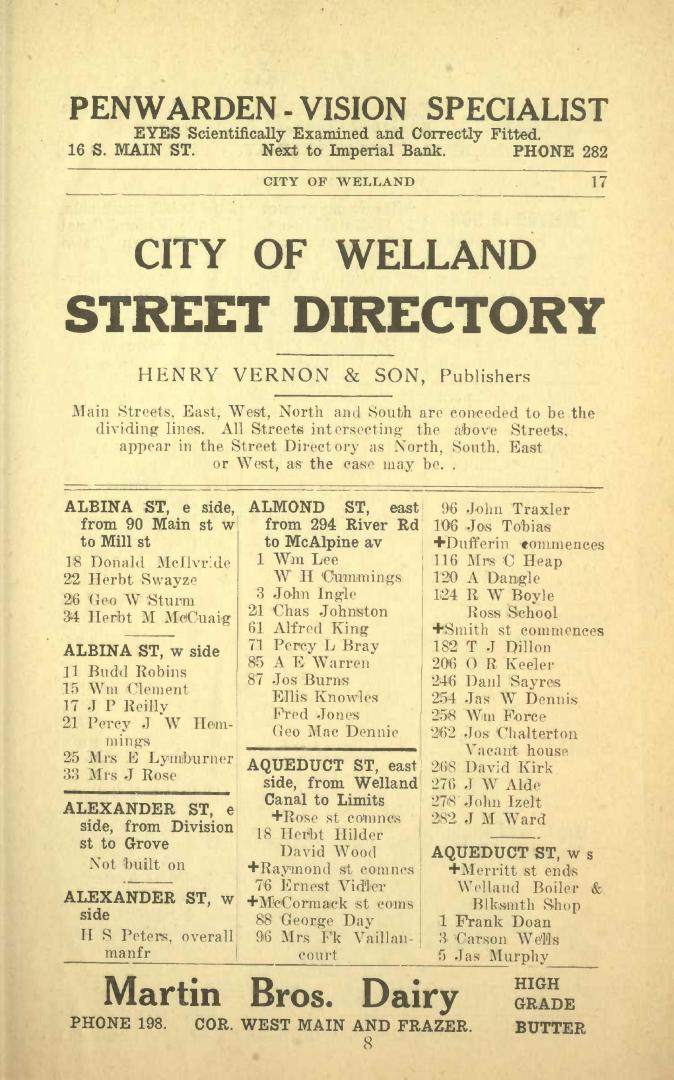 Vernon's city of Welland and town of Port Colborne (Ontario) miscellaneous, business, alphabetical and street directory