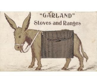 Illustration of a donkey wearing a harness and a basket saddle bag