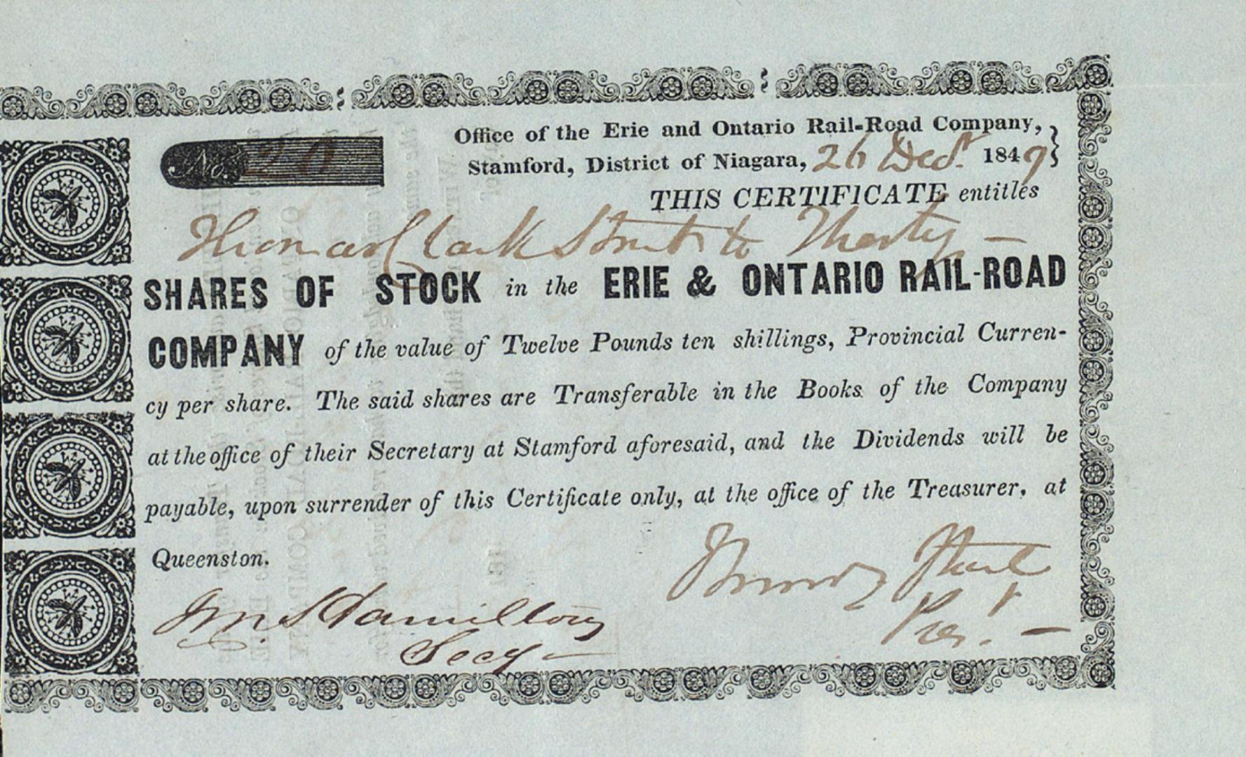 Shares of Stock in the Erie & Ontario Rail-Road Company