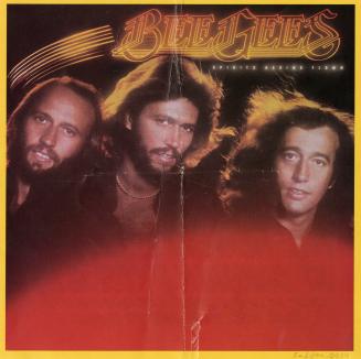A poster featuring lettering in black ink on a white background, with an image of The Bee Gees' ...