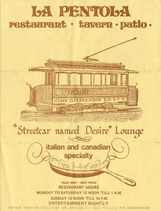 A poster featuring an illustration of a streetcar named Desire and a frying pan below it.