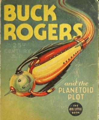 An oval shaped red and yellow rocket flies across a blue background.