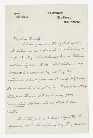 Undershaw, Hindhead, Haslemere.; "My dear Smith; I have gone over the Cyclist again"