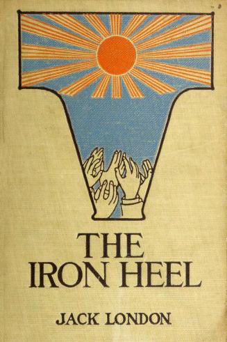 Cream cloth cover with t-shaped illustrated area. Hands reach up to a rayed orange sun on a blu ...