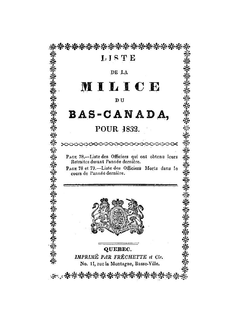 Liste de la milice du Bas-Canada, pour 1832