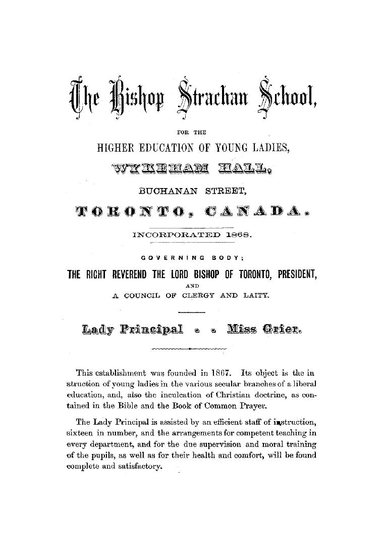 Bishop Strachan School for the higher education of young ladies...[Prospectus]