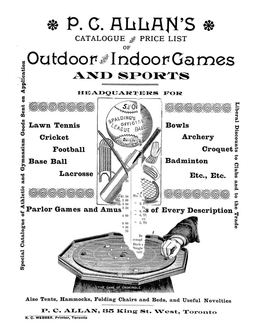 P.C. Allan's catalogue and price list of outdoor and indoor games and sports: headquarters for lawn tennis, cricket, football, base ball, lacrosse, bowls, archery, croquet, badminton, etc., etc. : parlor games and amus[ement]s of every description : also tents, hammocks, folding chairs and beds, and useful novelties.