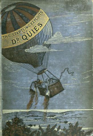 Blue cloth cover depicting an air balloon flying over rugged terrain. Two people in the basket  ...