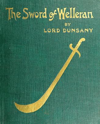 Green cloth cover with a large gold, curved sword. 