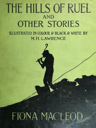 Green cloth cover depicting the silhouette of a man walking down a hill playing a pipe. 