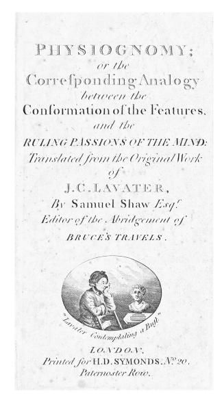 Physiognomy; or, The corresponding analogy between the conformation of the features and the ruling passions of the mind, tr. from the original work of J.C. Lavater, by Samuel Shaw