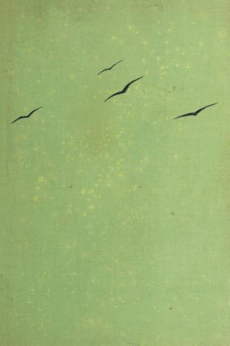 Four black, curved lines on a green cloth book. Black lines meant to indicate birds, or bats. 