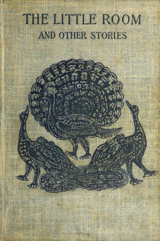 Black illustration of a peacock with its tail fully fanned and two peahens on a woven grey clot ...