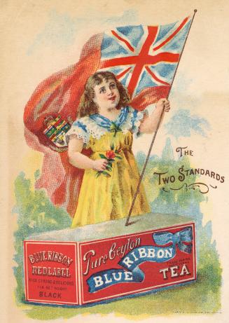 Girl holding a British flag standing behind a big box of "Blue Ribbon" tea