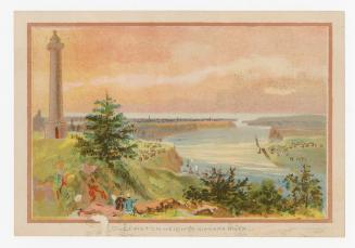 Colour card advertisement. Front of card depicts an illustration of the view from Queenston Hei ...