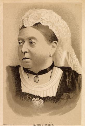 Black and white card advertisement. Front of card depicts an image of Queen Victoria looking sl ...