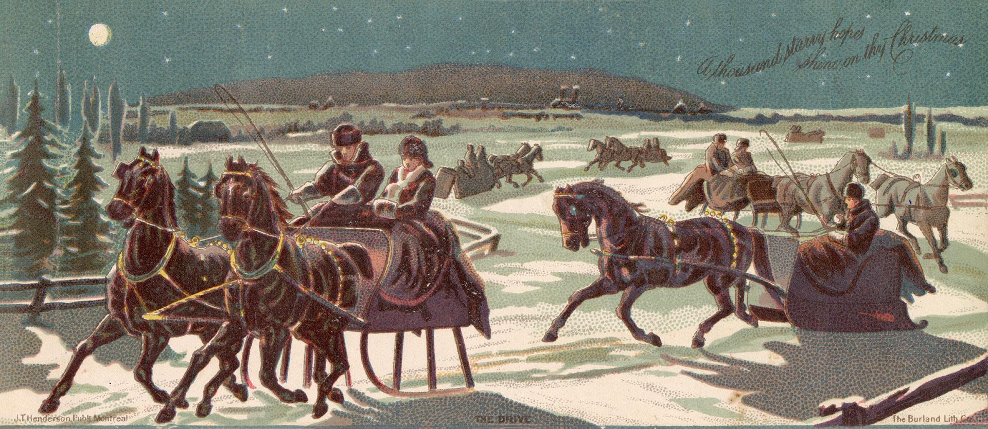 A Christmas card depicting people riding horse-drawn sleighs, with text stating, &quot;A thousa ...