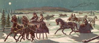 A Christmas card depicting people riding horse-drawn sleighs, with text stating, "A thousa ...