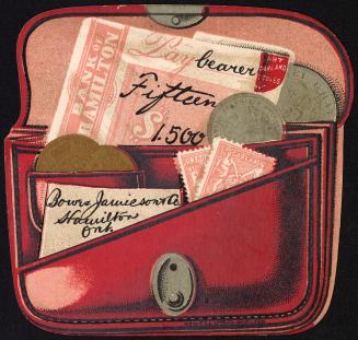 Colour card advertisement depicting an illustration of a red open wallet with some currency ins ...