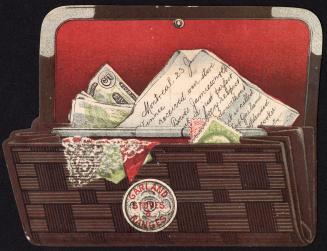 Colour card advertisement depicting an illustration of an open brown wallet with currency and a ...