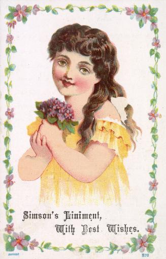Colour card advertisement depicting a girl in a yellow dress holding some flowers with text bel ...