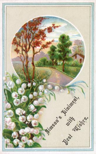 Colour card advertisement depicting a bunch of white flowers and a few trees, with text below s ...