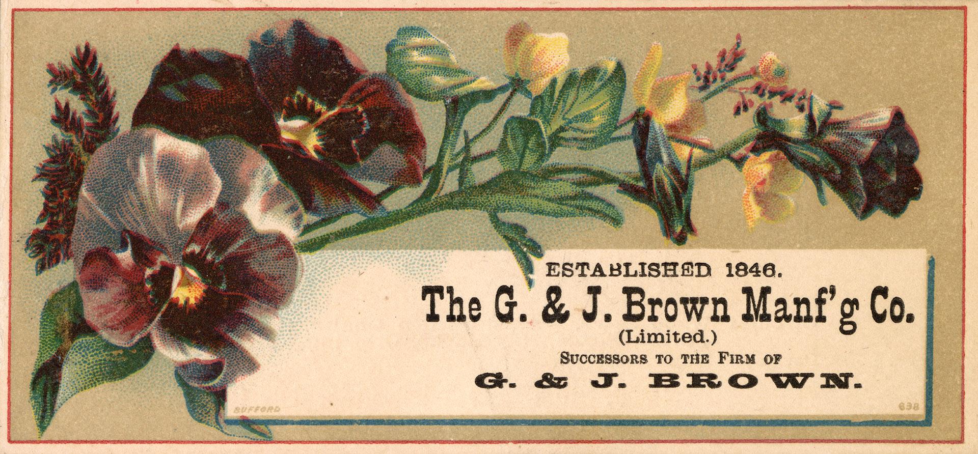 Colour-card advertisement depicting blue/purple white flowers with text below stating, "Th ...