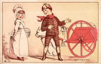 Colour-card advertisement depicting an illustration of a boy, girl, red cart and a dog. The bac ...