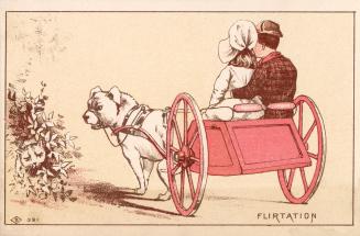 Colour-card advertisement depicting an illustration of a boy and girl on a red cart being pulle ...