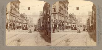 Pictures show a busy street with a streetcar, pedestrians and horse drawn vehicles. Decorations ...