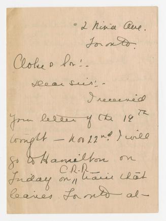 Letter from Lucy Maud Montgomery to Cloke & Son (Hamilton, Ont.) regarding a visit to do a reading