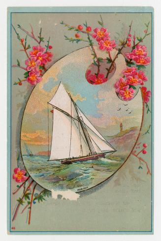 Colour card advertisement of a sailboat on an artist's palette, surrounded by pink flowers, the ...