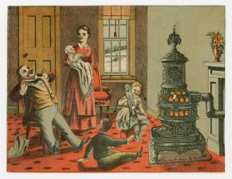 Colour card advertisement of a family enjoying time around the coal stove. The back of the card ...
