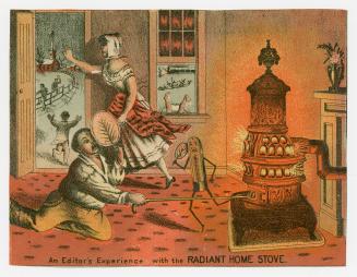 Colour card advertisement of a man poking a coal stove in the living room. The back contains te ...