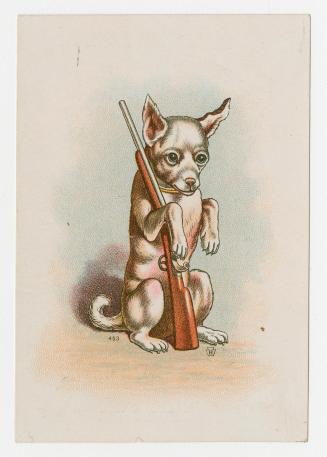 Colour card advertisement depicting an illustration of a dog with a rifle. The back of the card ...
