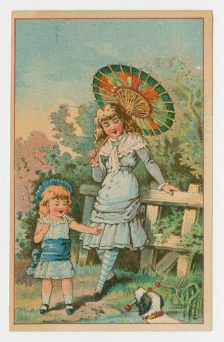 Colour card advertisement depicting an illustration of two girls playing outdoors with a dog be ...