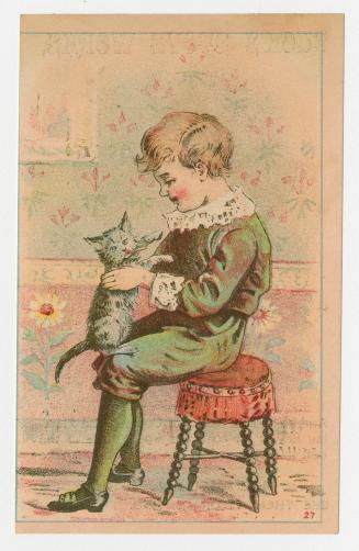 Colour card advertisement depicting an illustration of a child holding a kitten while sitting o ...
