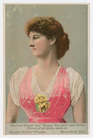 Colour card advertisement depicting an illustration of a lady in a pink and white dress. The ba ...