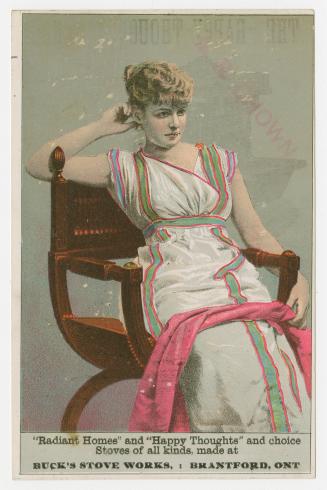 Colour card advertisement depicting an illustration of a lady in a white dress, sitting on a ch ...