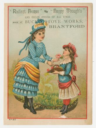 Colour card advertisement depicting an illustration of a lady and a girl, both in blue dresses, ...