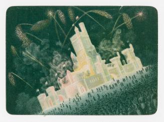 Colour trade card depicting a castle lit up at night with fireworks going off around it. The ba ...