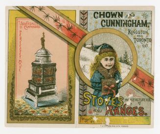 Colour trade card depicting an illustration of a cast iron stove and a girl outside in the wint ...