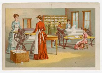 Colour card advertisement depicting an illustration of women running laundry through roller pre ...