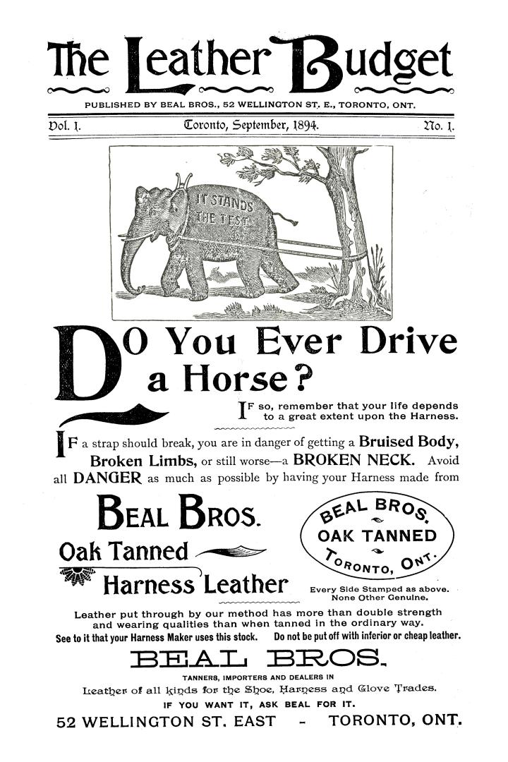 Cover features: advertising copy for the Beal Brothers leather company with a drawing an elepha ...