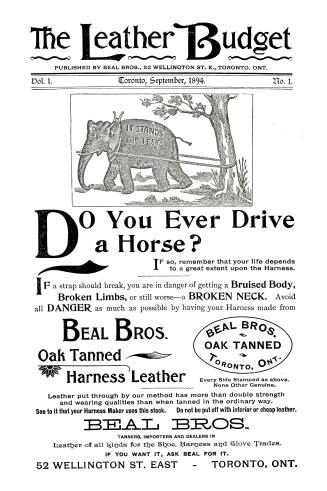 Cover features: advertising copy for the Beal Brothers leather company with a drawing an elepha ...