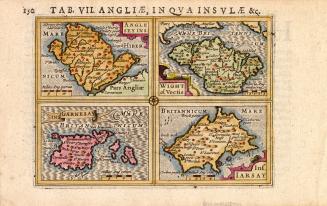 Colourful miniture map from 1616 of four British islands, Gurnsey, Wight, Jersey and Anglesea.  ...
