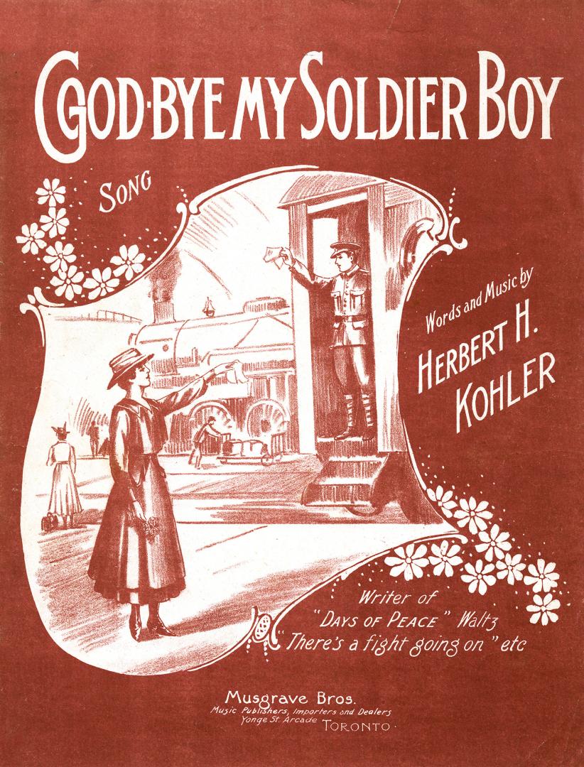Cover features: title and composition information; drawing of woman and soldier on train waving ...