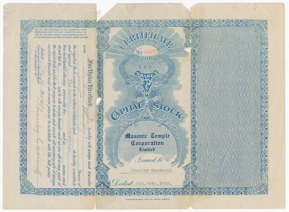 Certificate no. 2673 for two shares of the capital stock of Masonic Temple Corporation Ltd. 